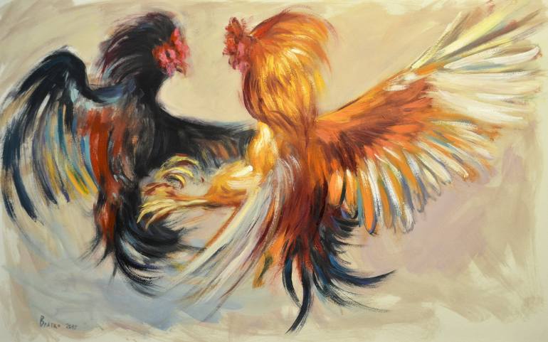770x481 Saatchi Art Black And Orange (Rooster Fight) Painting By Vladimir I - Fighting Rooster Painting
