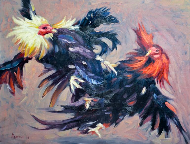 770x582 Saatchi Art Rooster Fight Painting By Vladimir I - Fighting Rooster Painting