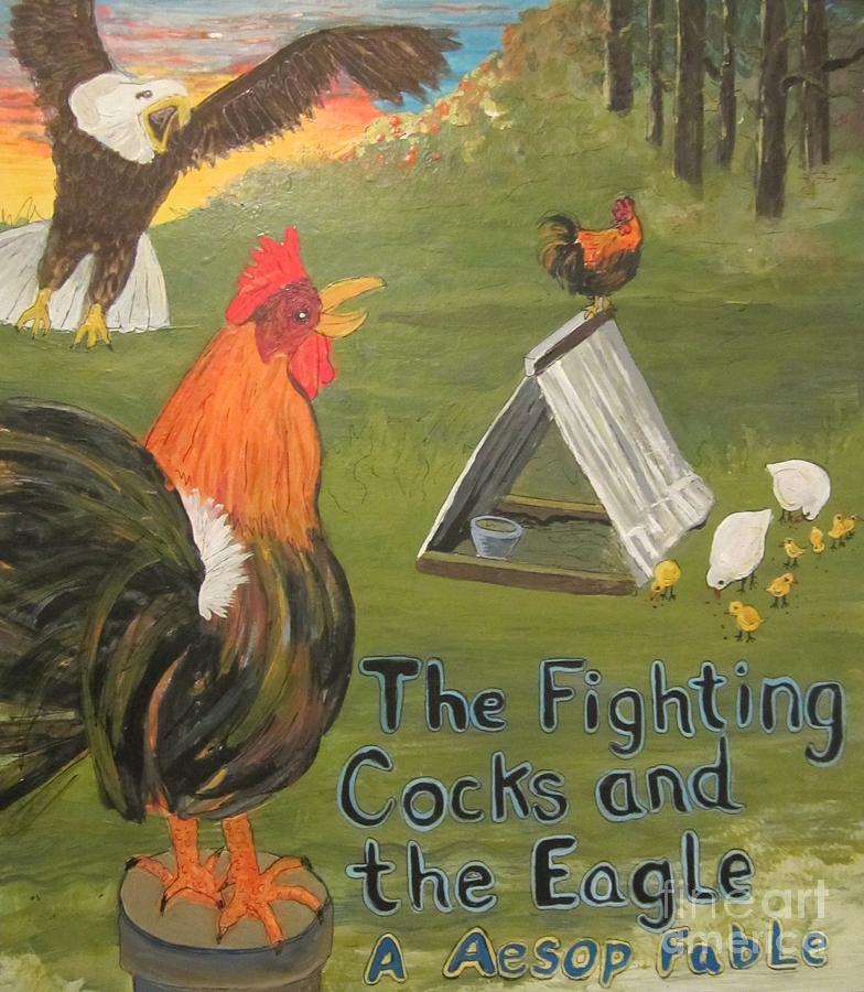 784x900 The Fighting Cocks The Eagle A Aesop Fable Painting By Susan Mcneil - Fighting Rooster Painting