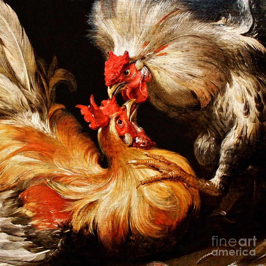 900x900 Death In The Poultry Market Painting By Pg Reproductions - Fighting Rooster Painting