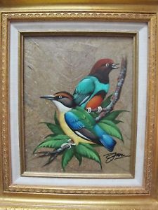 225x300 Vintage Gold Framed Colorful Finch Painting Textured Leaf - Finch Painting