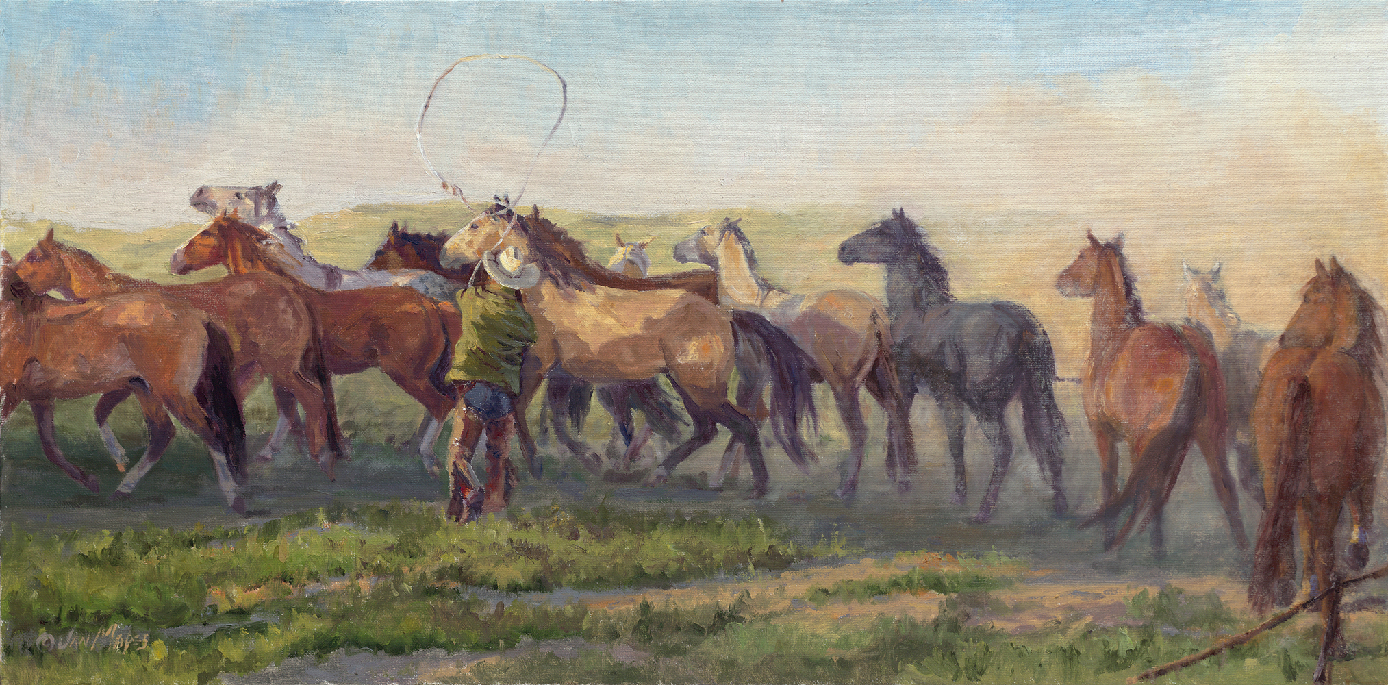 2027x1000 Jan Mapes Fine Art, Oil Painting Catchin' A Ride - Fine Art Oil Painting