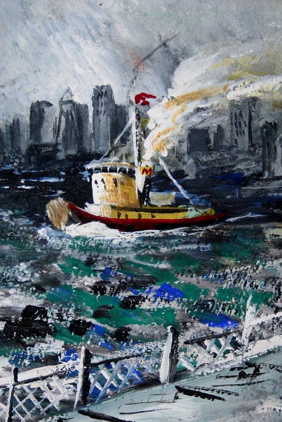 570x853 A Nyc Tugboat Gouache Painting Late 1940s Early 1950s Off Brooklyn - Fine Painting Nj
