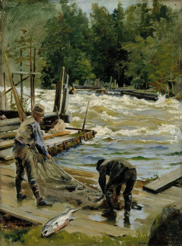 591x800 Gunnar Berndtson (1854 1895) Lohenpyynti Salmon Fishing 1892 - Finnish Painting