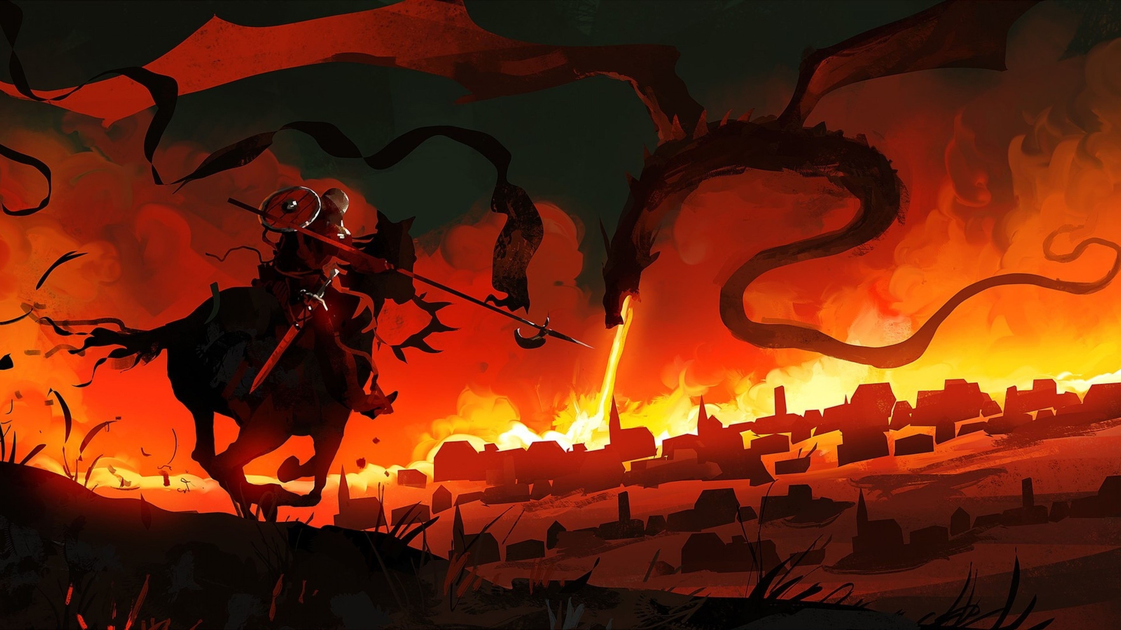 3840x2160 Download 3840x2160 Dragon, Fire, War, Knight, Horse, Painting - Fire Dragon Painting