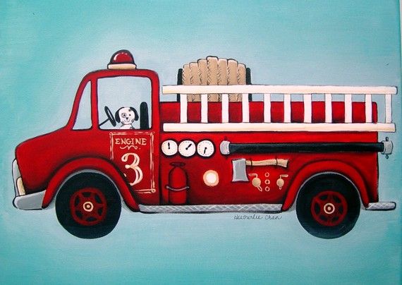 570x404 Lady Poppins Fire Truck And Dalmation Canvas Painting 20 X 16 - Fire Engine Painting