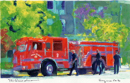 432x275 Painting By Rd Randy Riccoboni Fire Truck In Little Italy - Fire Engine Painting
