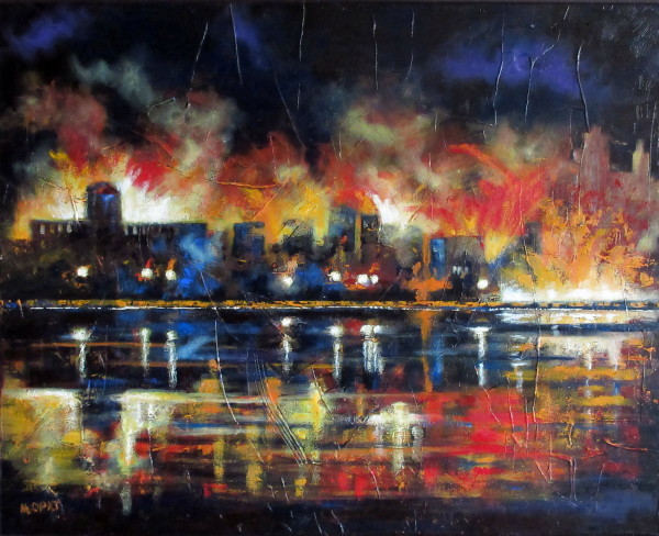 600x488 Mary Opat Art City On Fire Acrylic Cityscape Painting By - Fire Painting Artist