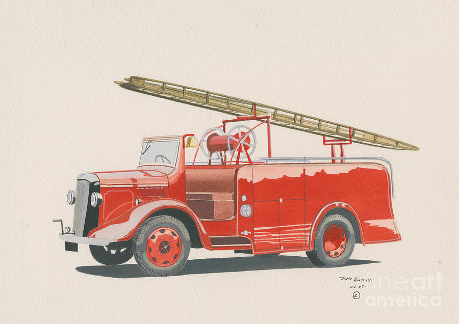 900x636 Morris Commercial Fire Engine Painting By John Kinsley - Fire Truck Painting