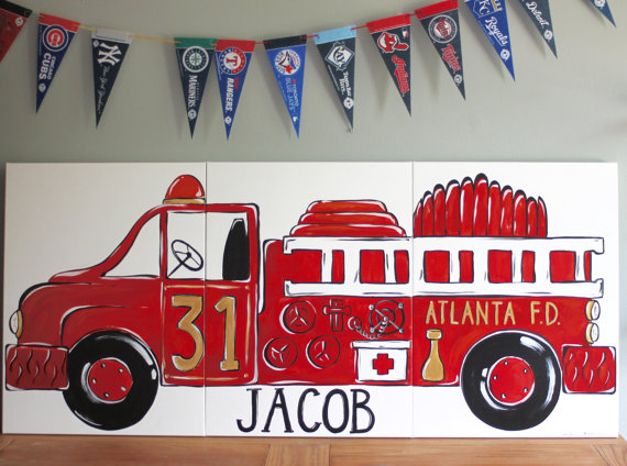 570x424 Triptych Red Vintage Fire Truck. 54x24 Original - Fire Truck Painting