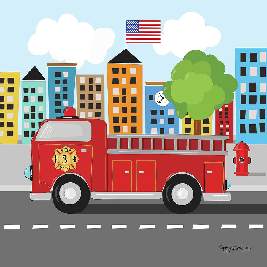900x900 Fire Truck Painting By Kathy Middlebrook - Fire Truck Painting