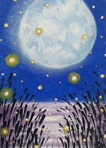 214x300 Aceo Original Painting Art Full Moon Firefly Summer Night - Firefly Painting