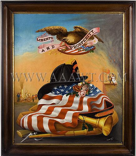 436x500 Antique Painting, Firehouse Memorial, Firefighting Tribute, Entire - Firehouse Painting