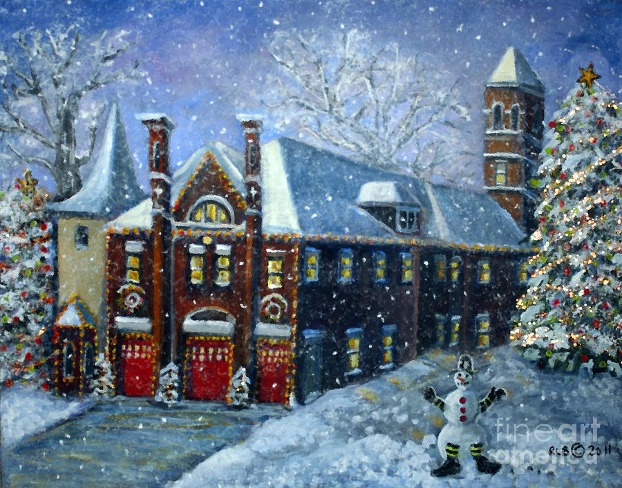 900x706 Christmas At The Fire House Painting By Rita Brown - Firehouse Painting