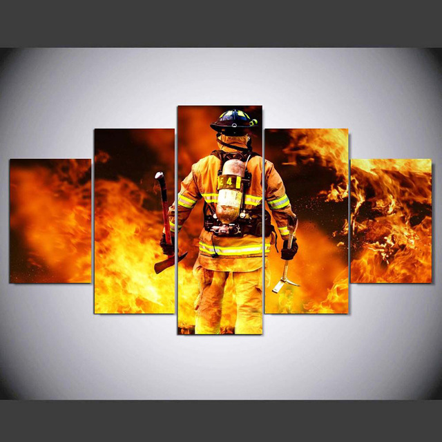 640x640 Canvas Living Room Pictures Home Art Modular Poster 5 Panel - Fireman Painting