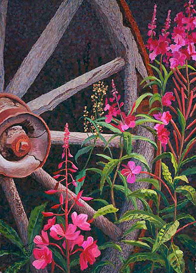 393x546 Buy Wooden Wagon Wheel Amp Fireweed Art Print - Fireweed Painting
