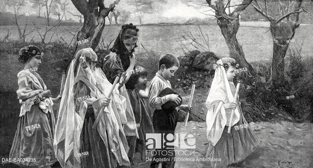 1049x562 After First Communion, Children In Procession With Candles - First Communion Painting