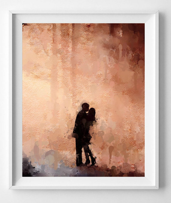 570x674 Love Print First Kiss Painting Art Print Wedding Gift - First Kiss Painting
