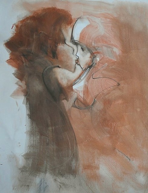 491x640 Emilio Merlina Artwork The First Kiss Original Drawing Charcoal - First Kiss Painting
