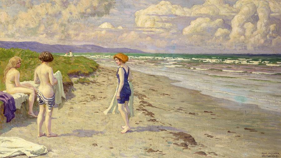 900x508 Girls Preparing To Bathe On The Beach Painting By Paul Fischer - Fischer Painting