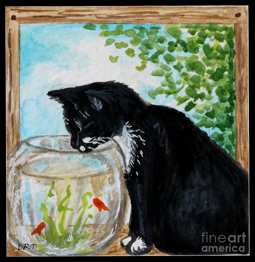 879x900 The Tuxedo Cat And The Fish Bowl Painting By Elizabeth Robinette - Fish Bowl Painting