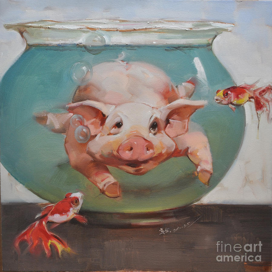 898x900 Fish Bowl Pig Painting By Xiaoxin Xie - Fish Bowl Painting