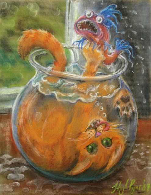 495x640 Cat In Fish Bowl. Original Artwork And Print By Hugh Pryor - Fish Bowl Painting