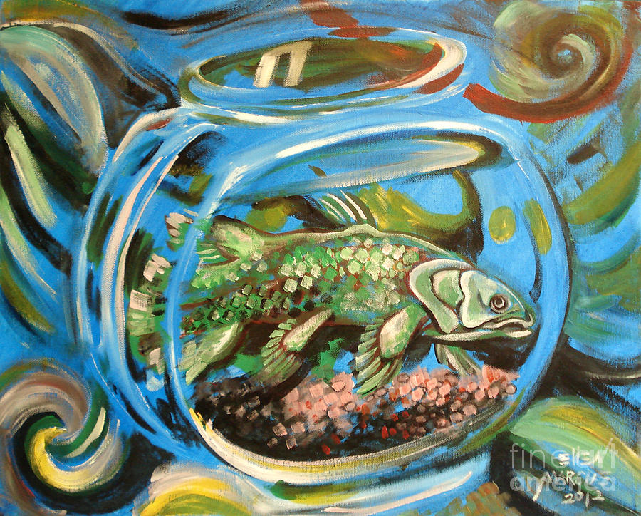 900x724 Coelacanth In A Fish Bowl Painting By Ellen Marcus - Fish Bowl Painting