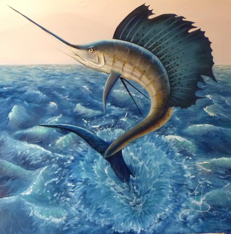 790x800 Sail Fish Coming Out Of Water. Oil, 3'X3', Finished [Archive - Fish Jumping Out Of Water Painting