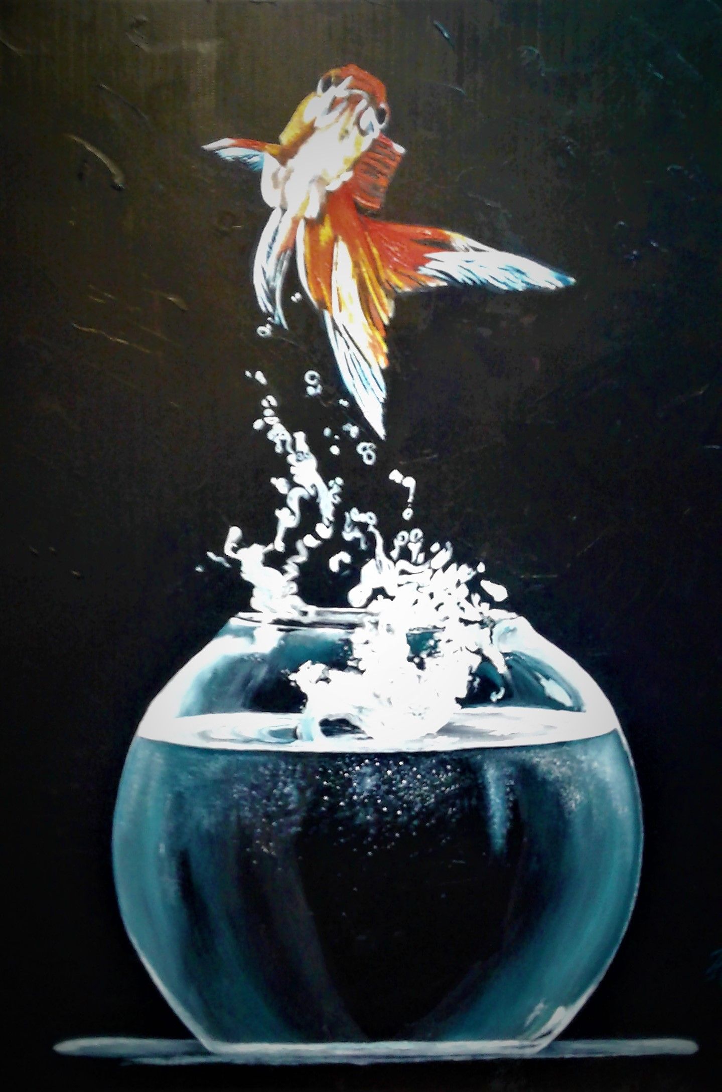 1439x2175 Still Art. Gold Fish Jumping Out Of Water. Oil On Canvas Zain - Fish Jumping Out Of Water Painting