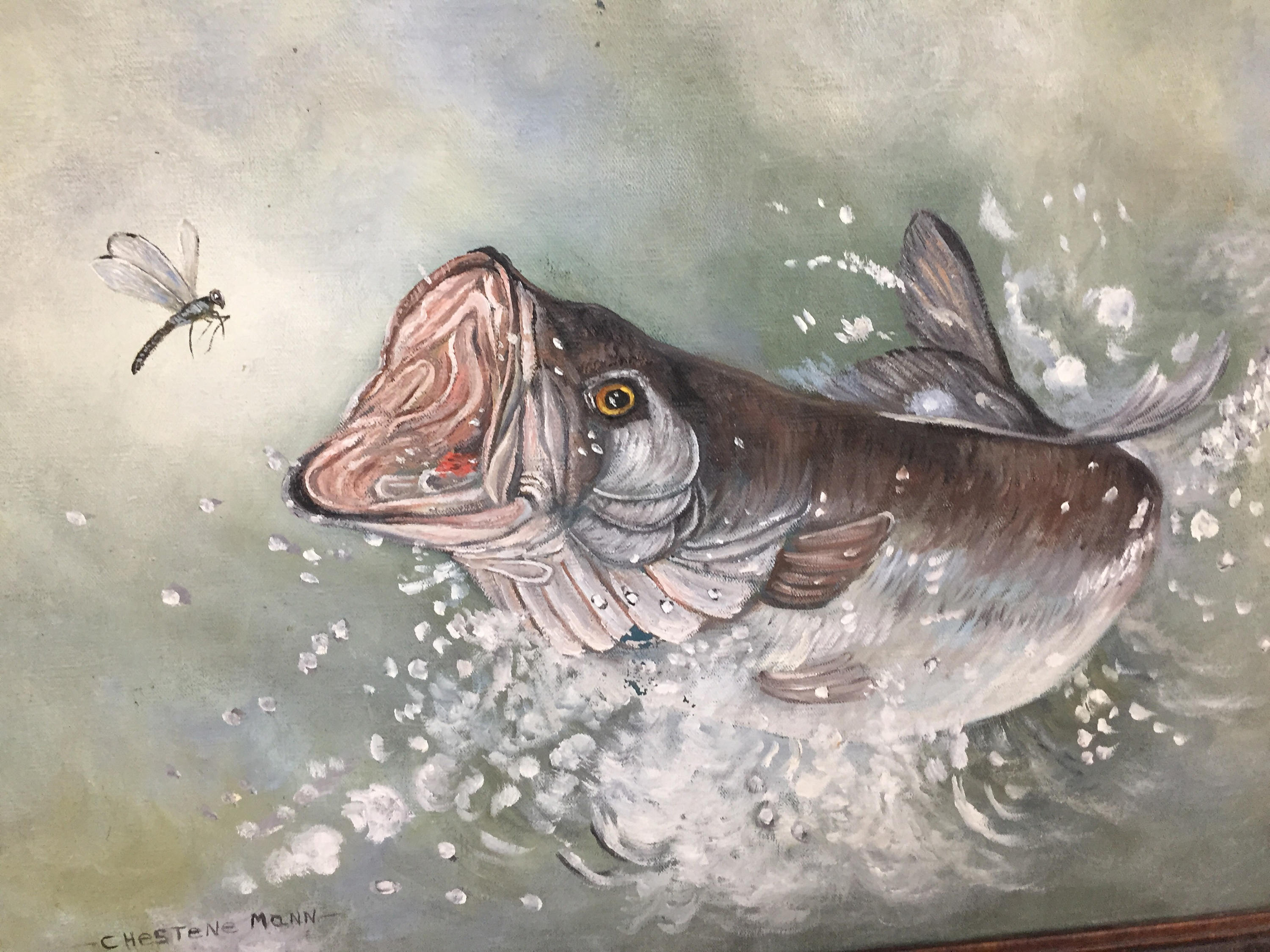 3000x2250 Beautiful Oil On Canvas Painting A Fish Jumping Out - Fish Jumping Out Of Water Painting