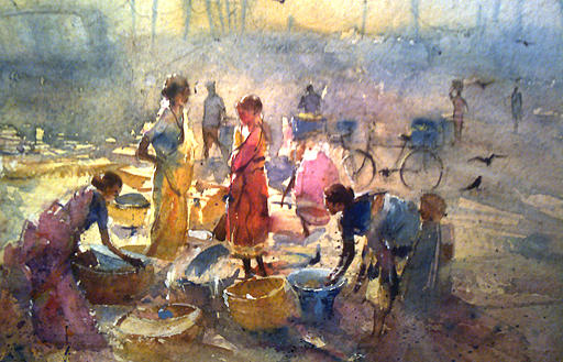 512x329 Fish Market Painting By Mohan Watercolours - Fish Market Painting