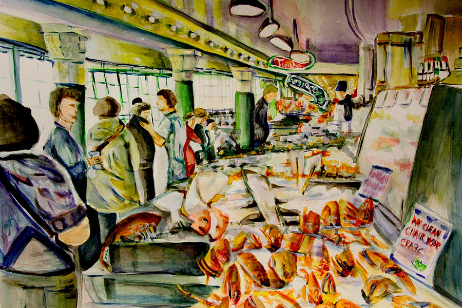 900x600 Seattle Fish Market Painting By Joe Correll - Fish Market Painting