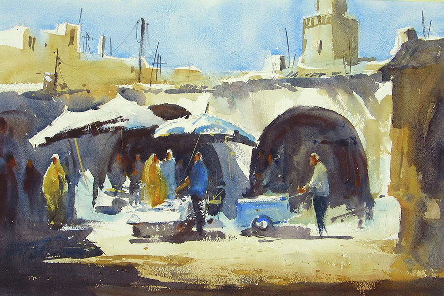 900x601 Essaouira Fish Market Painting By Kristina Jurick - Fish Market Painting