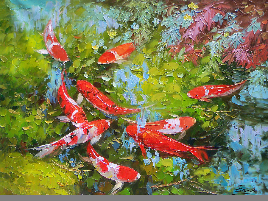900x675 Impasto Oil Painting Koi Fish Painting By Enxu Zhou - Fish Oil Painting