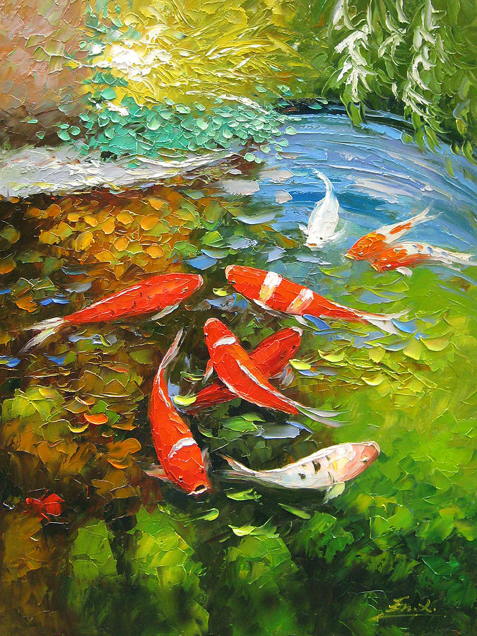 675x900 Palette Knife Oil Painting Koi Fish Painting By Enxu Zhou - Fish Oil Painting