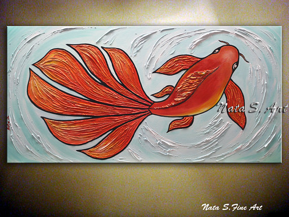 570x428 Koi Fish Painting Large Abstract Art Textured Large Art - Fish Painting