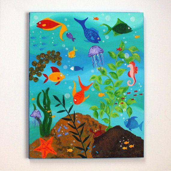 570x570 Happy Fish, Tropical Fish Painting, 16x20 Whimsical Fish Art, Bed - Fish Painting For Kids