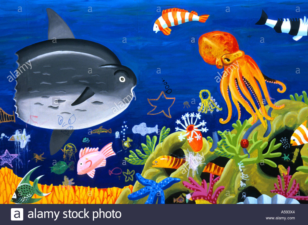 1300x950 Barcelona Art Fish Painting Port Aquarium Sea Fish Stock Photo - Fish Tank Painting