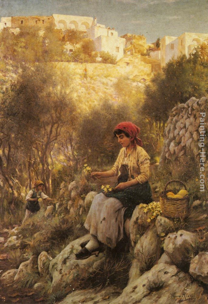 685x1000 Horace Fisher Young Girls Picking Flowers Painting Anysize 50% Off - Fisher Painting
