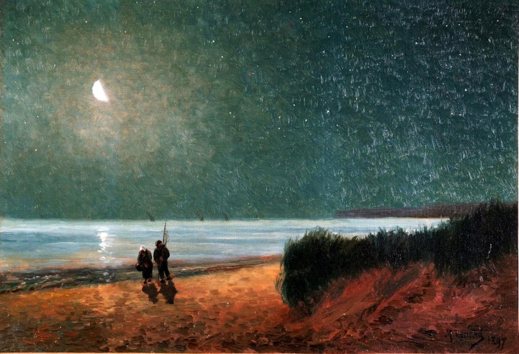 1024x698 Seascape Painting Fisher Couple Walking In Moonlight Vintage - Fisher Painting