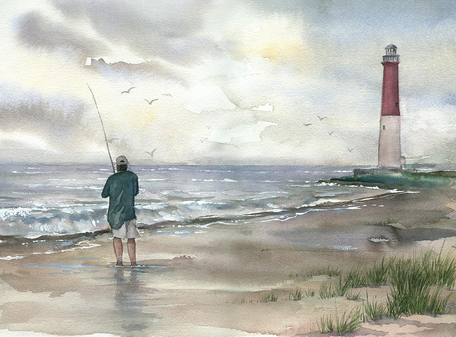 900x666 Lighthouse And Fisherman Painting By Beth Kantor - Fisherman Painting