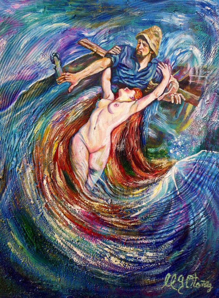 770x1047 Saatchi Art Siren And The Fisherman Painting By Niurka Guzman - Fisherman Painting