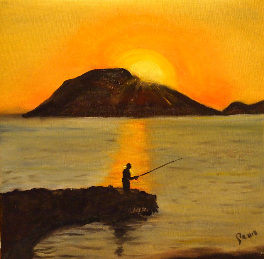 900x885 The Lonely Fisherman Painting By Veronica Zimmerman - Fisherman Painting