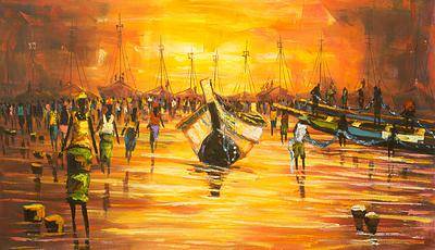 400x230 Orange Impressionist Painting Of Boat Scene From Ghana - Fishers Of Men Painting