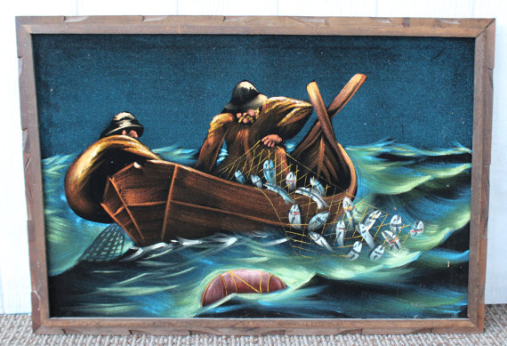 570x389 Vintage Velvet Painting Ocean Water Fisherman In Boat Fishing - Fishers Of Men Painting