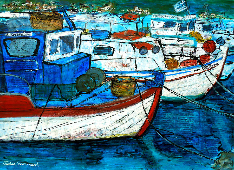 900x657 Greek Fishing Boats Painting By Jackie Sherwood - Fishing Boat Painting