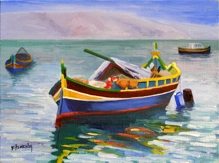 900x673 Maltese Fishing Boat Painting By Ed Herring - Fishing Boat Painting