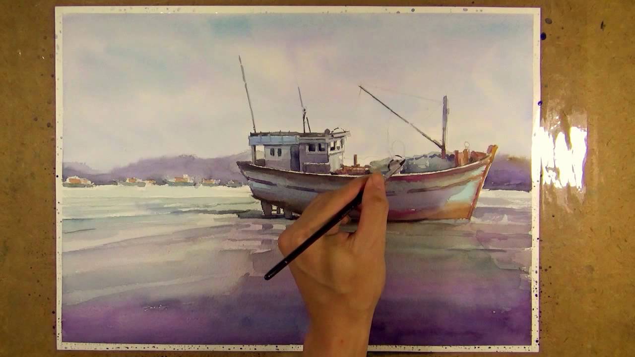 1280x720 Watercolor Painting Fishing Boat On The Beach - Fishing Boat Painting