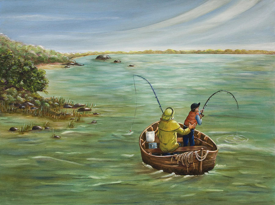 900x672 Fishing With Grandpa Painting By Dorothy Riley - Fishing Painting